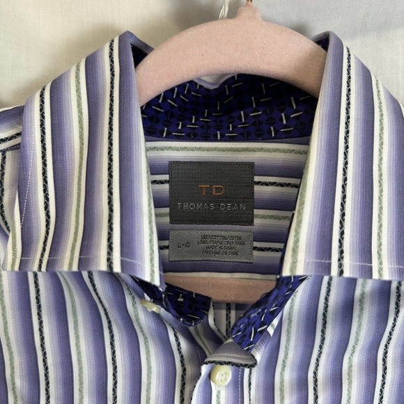 Thomas Dean Purple Shirt Mens L Striped 100% Cotton Button‎ Up Long Sleeve - Picture 2 of 9